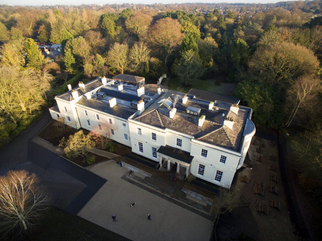 Aerial photograph of Calderstones Mansion, in Calderstones Park, Liverpool. December 2019