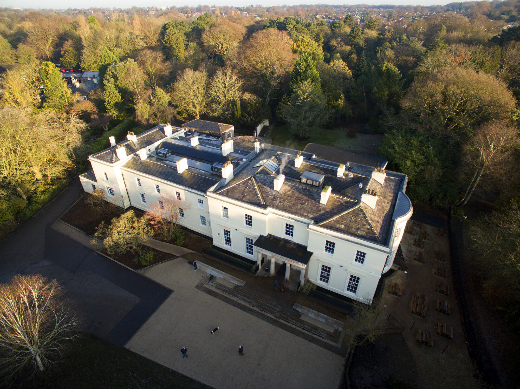 Aerial photograph of Calderstones Mansion, in Calderstones Park, Liverpool. December 2019