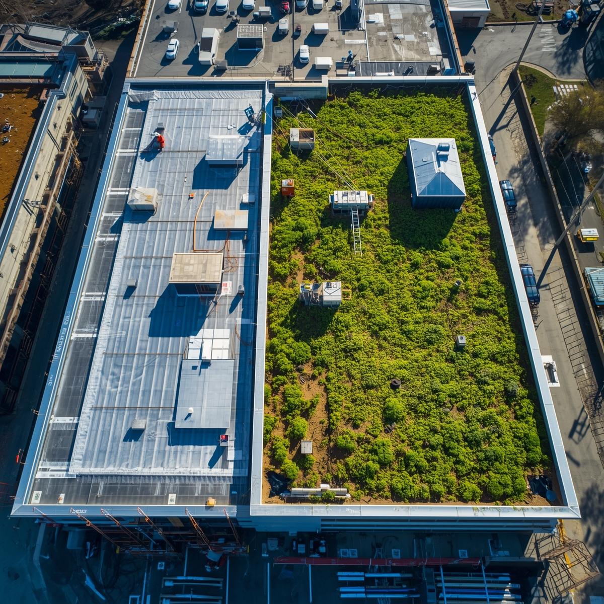A wide-angle AI aerial photograph capturing a large commercial building undergoing a roof replacement. The new roofing materials are visibly sleek and modern, suggesting energy efficiency, or alternatively, show a vibrant green roof covered in lush vegetation. The scene is bathed in bright, natural daylight, highlighting the textures and scale of the project.