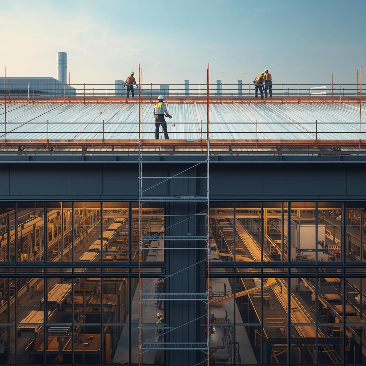 A realistic image capturing a large industrial factory undergoing a roof replacement. Multiple construction workers in safety gear are actively working on scaffolding surrounding the building's expansive roof. Below, visible through large windows, the factory's interior hums with activity, showcasing ongoing manufacturing processes with machinery and conveyor belts in operation. The scene is depicted during daylight, with clear skies and natural lighting illuminating the contrast between the construction work and the operational factory.